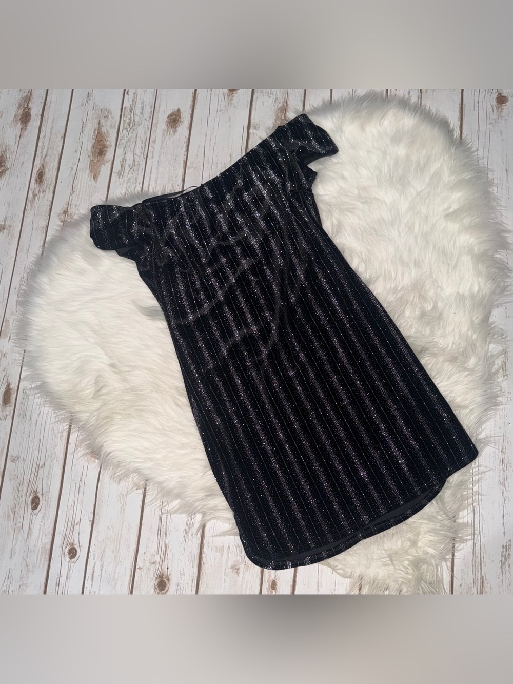 B Darlin Black Off-Shoulder Sparkle Stripe Dress